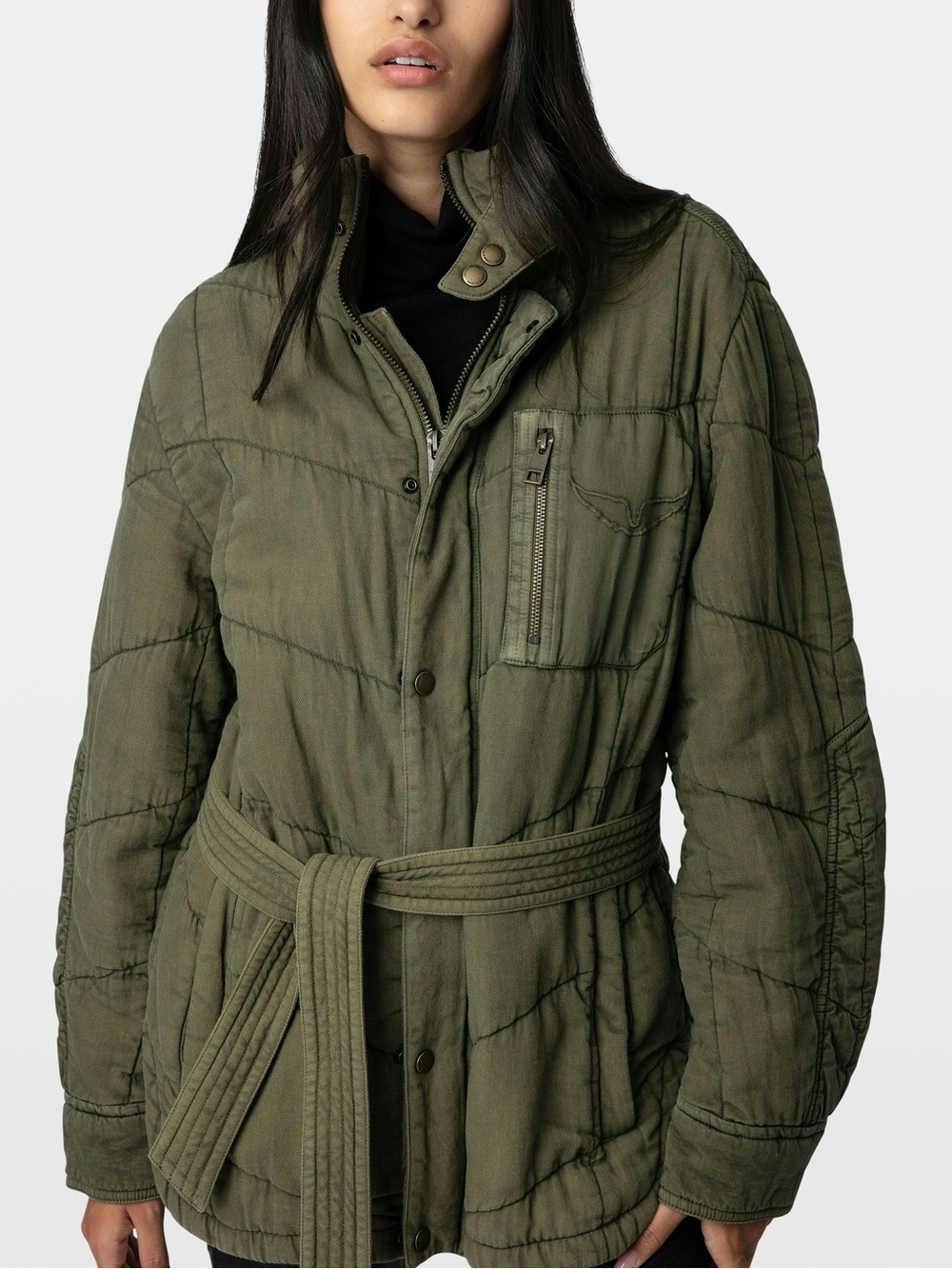 Zadig & Voltaire Kalice Quilted Oversize Twill Jacket Cypress Green Belted M